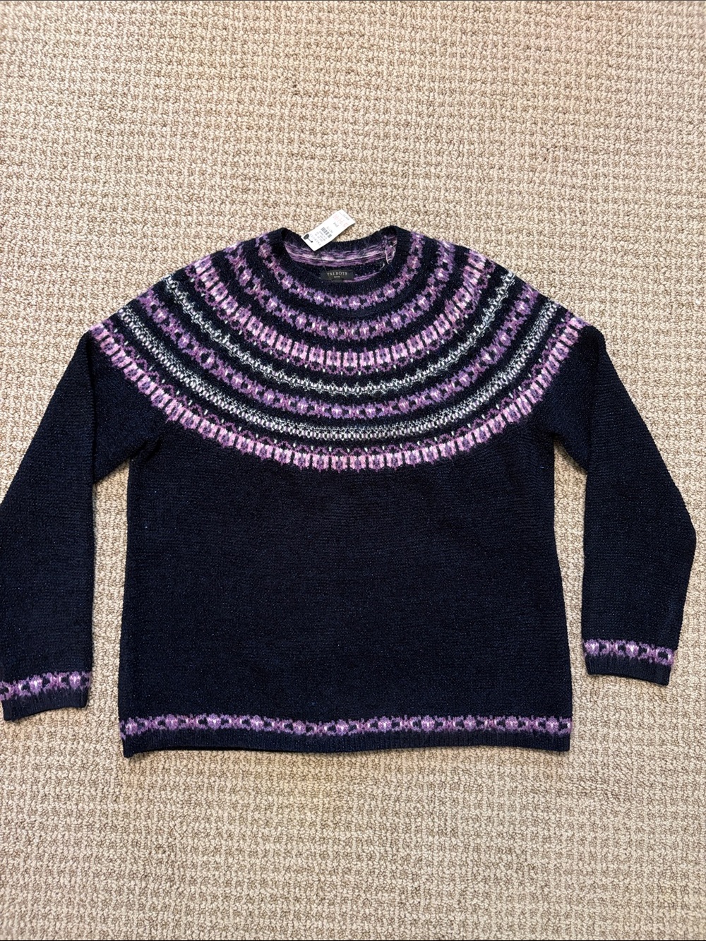 Talbots Navy Crewneck Sweater with Purple Fair Isle Yoke
